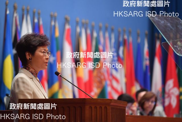 The Chief Executive, Mrs Carrie Lam, attended the opening of the Ministerial Segment of the 74th session of the United Nations Economic and Social Commission for Asia and the Pacific in Bangkok, Thailand, today (May 14). Photo shows Mrs Lam delivering a keynote speech.