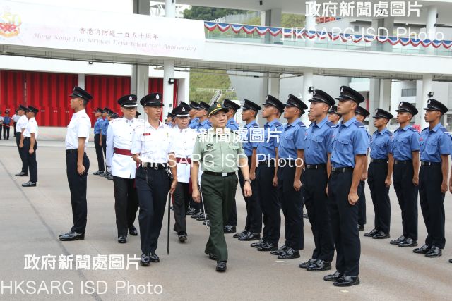 The Commander-in-chief of the Chinese People's Liberation Army Hong Kong Garrison, Lieutenant General Tan Benhong, reviews the 183rd Fire Services passing-out parade at the Fire and Ambulance Services Academy today (September 7).