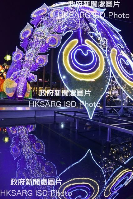 A resplendent Lunar New Year lantern display, on the theme of peacocks, illuminates the Hong Kong Cultural Centre piazza, adjoining the Tsim Sha Tsui waterfront promenade, until February 24.  Lantern displays, featuring beautiful traditional craftsmanship, are also seen around Hong Kong during the first month of the Lunar New Year.
